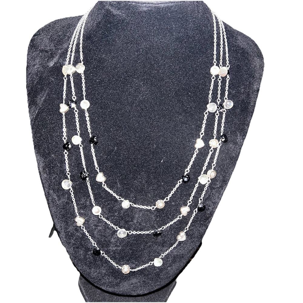 BRIGHTON Necklace Three Strand Heart Flower Black Gray Beads Silver Plate